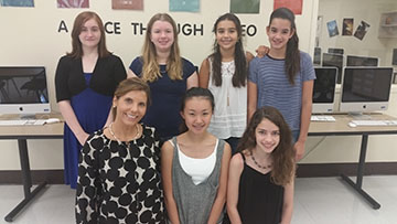 Pictured (l to r): 1st row - Advisor Shannon Owens, Seoyoon Yang, Bari Weiner; 2nd row: Kyra Elessar, Emma Garrett, Jessica Gomez, and Nicole Acosta.  Not pictured are fellow state winners: Katherine Oung, Tori Maxwell and Lily Gumbinner.