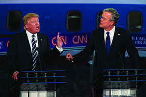 Republican presidential candidates Donald Trump, left, and Jeb Bush spar early in the GOP debate at the Reagan Library in Simi Valley, Calif., on Wednesday, Sept. 16, 2015. (Robert Gauthier/Los Angeles Times/TNS)