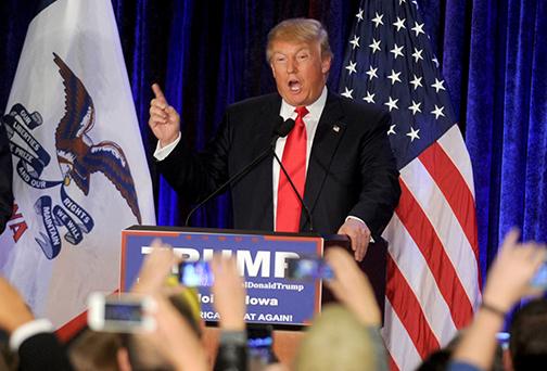 Republican presidential candidate Donald Trump speaks after coming in second place at his Iowa caucus night gathering in Des Moines, Iowa, on Monday, Feb. 1, 2016. (Dennis Van Tine/Abaca Press/TNS)