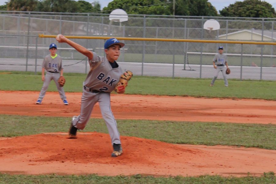 Luca Oberndorfe pitches the ball in the beginning of the Jupiter game. This game took place at Bak’s home field on Sept. 22 and ended in a Bak loss of 1-11.