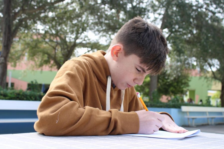 Practicing for the Geometry FSA, Carter Dytko, eighth grade communications major, refreshes his skills on supplementary and complementary angles. “The FSA is very outdated. Whenever I take it, I don’t feel like I learn anything. Its just a big wall that I complete at the end of the year,” Dytko said.