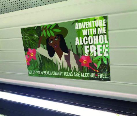 As students board the N44 bus, the winning bus poster from the high school division shows the benefits of an alcohol free life, depicted in a rainforest adventure. “You don’t need alcohol, drugs, vapes, or any substance to live a happy and enjoyable life,” Skylar Gaffney, seventh grade bus poster competitor said. Photo by Ashwin Kishor