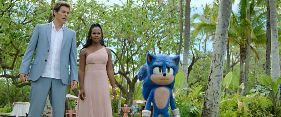 From left, James Marsden, Tika Sumpter and Sonic (Ben Schwartz) in “Sonic the Hedgehog 2.” (Courtesy Paramount Pictures and Sega of America/TNS)