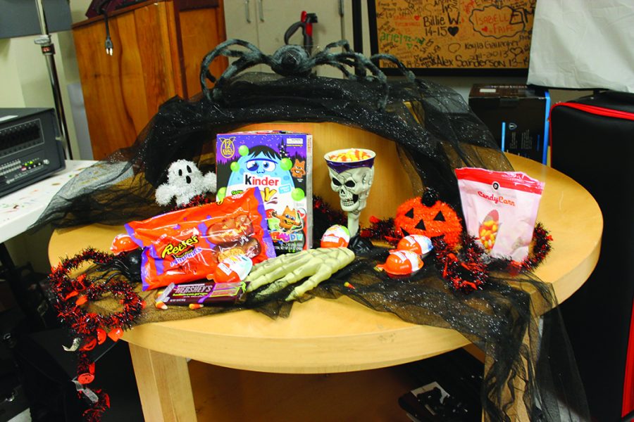 With Halloween approaching, that means the festive candy is as well. Candies such as Hershey’s Chocolate Bar, candy corn, Reese’s Peanut Butter Pumpkins and Halloween Kinder Joy Eggs are shown. Photo by Kya Small-Brush
