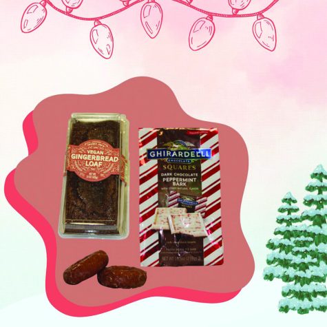 Ghirardelli Peppermint Bark and Dark Chocolate Squares from Publix, vegan gingerbread loaf from Trader Joes, and cinnamon fall themed donuts from Dunkin Donuts. Photo by Malina Asnani and graphic by Monica Chirolde