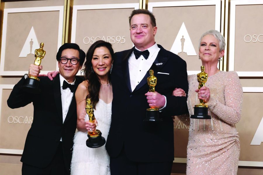 From left, Ke Huy Quan, Michelle Yeoh, Brendan Fraser and Jamie Lee Curtis backstage during at the 95th Academy Awards at the Dolby Theatre on Sunday, March 12, 2023, in Hollywood. (Dania Maxwell/Los Angeles Times/TNS)