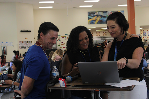 Daniel Stechschulte, Crystal Clark, and Misty Connelly work together during Lunch A to solve issues and supervise lunch. “A big part of our job is collaboration. I work together with Ms. Connelly and Ms. Clark to solve most of the issues on campus,” Stechschulte said.