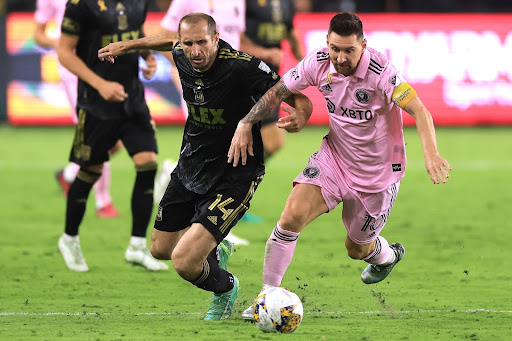 Giorgio Chiellini (14) of Los Angeles FC battles against Lionel Messi (10) of Inter Miami CF during a match between Inter Miami CF and Los Angeles Football Club at BMO Stadium on Sept. 3, 2023, in Los Angeles. (Sean M. Haffey/Getty Images/TNS)
