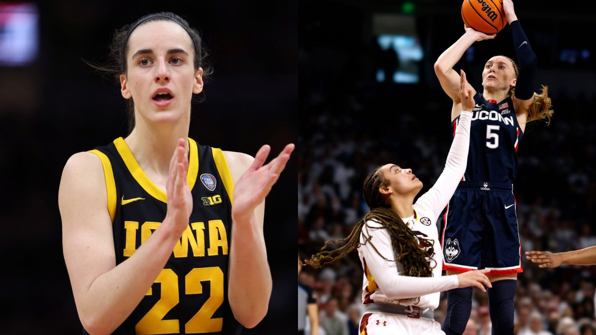 Caitlin Clark (22) of the Iowa Hawkeyes reacts in the second half during the 2024 NCAA Womens Basketball Tournament National Championship game against the South Carolina Gamecocks at Rocket Mortgage FieldHouse on Sunday, April 7, 2024, in Cleveland. (Steph Chambers/Getty Images/TNS) Paige Bueckers (5) of the UConn Huskies puts up a shot against Tessa Johnson (5) of the South Carolina Gamecocks during the second half at Colonial Life Arena on Feb. 11, 2024, in Columbia, South Carolina. SC won 83-65. (Lance King/Getty Images/TNS)